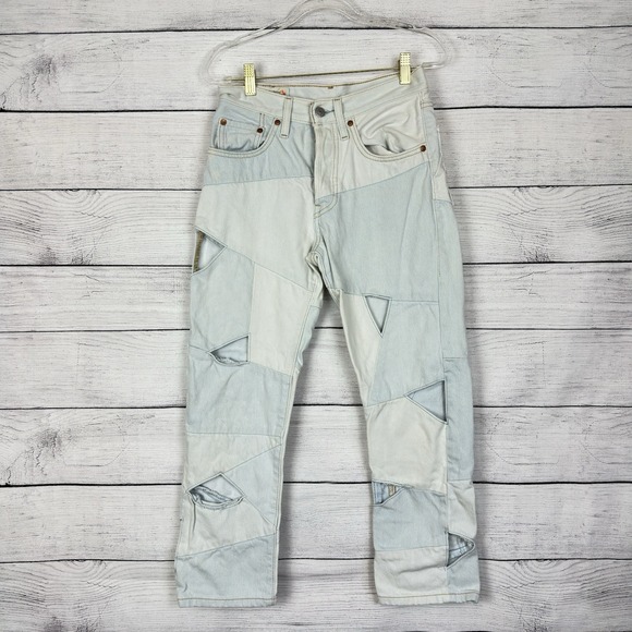 Levis Strauss Denim - Levi's 501 "Big E" Crop Light Jeans Patchwork Denim Scatter Triangle Holes Sz 26